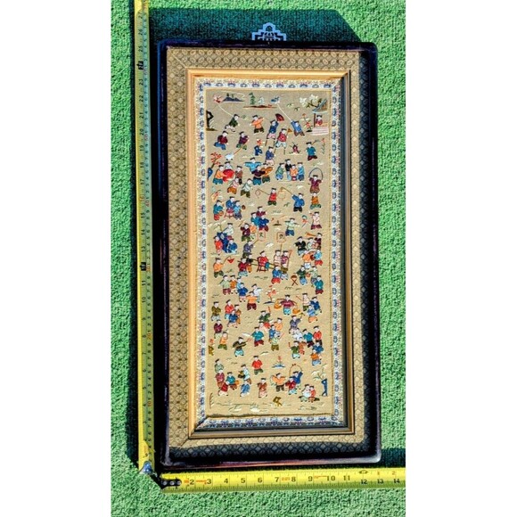 VTG Chinese Hand Embroidered Silk Panel-Hundred Children Playing-25x13" Framed - Picture 2 of 6